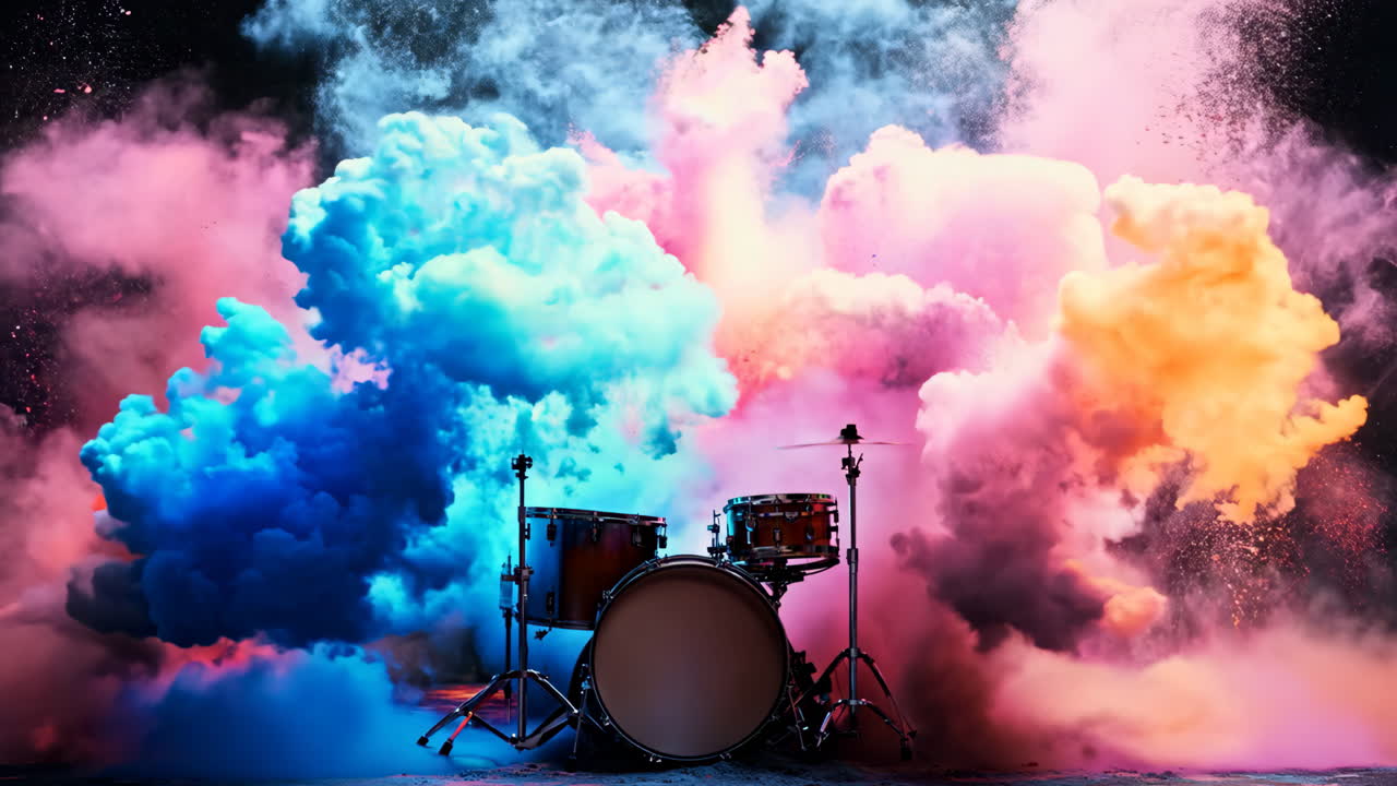 A drum set is surrounded by a cloud of colorful powder. The drum set is the main focus of the image, and the colorful powder creates a sense of excitement and energy
