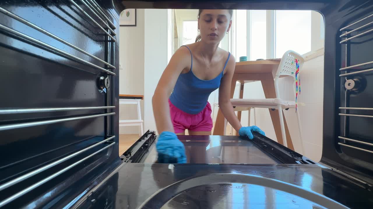 Donna che pulisce il forno