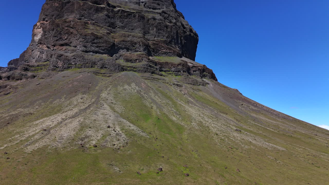 Vista aerea del monte Lómagnúpur vicino al ghiacciaio Vatnajökull, nell'Islanda meridionale, che mostra scogliere spettacolari, fiumi intrecciati e vaste pianure vulcaniche sotto un cielo azzurro.