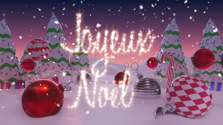 Animation d'un message de Noël français écrit en lettres scintillantes sur un paysage enneigé avec une boule de Noël