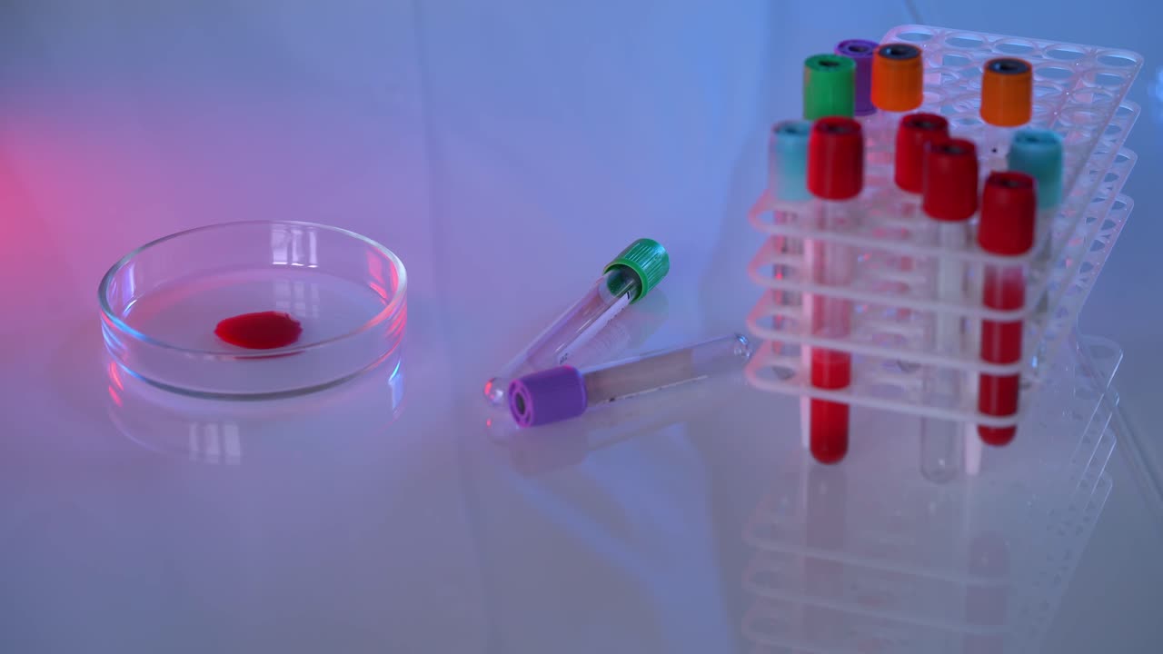 Scientist dripping blood sample. Lab technician dripping human red blood on slide glass