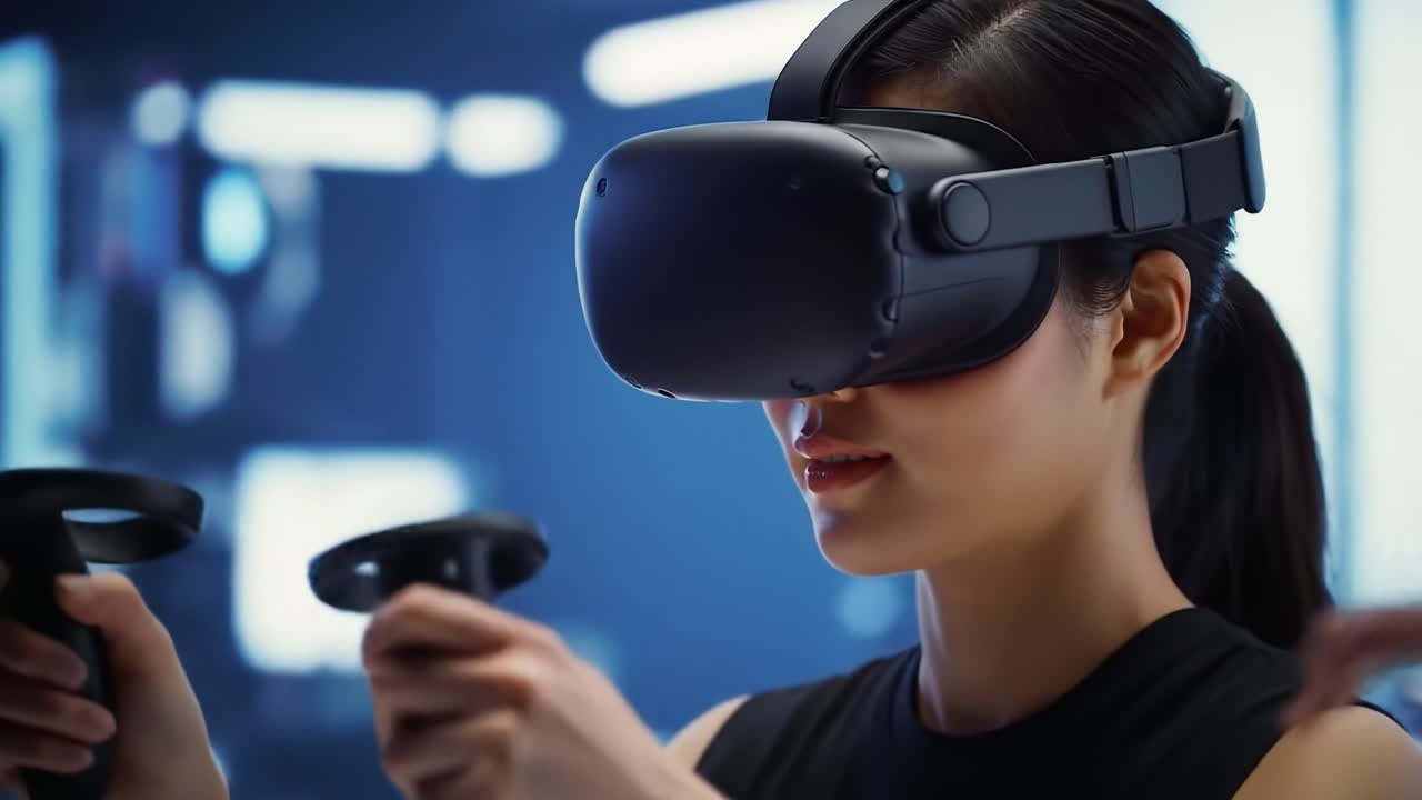 A woman immerses herself in virtual reality, using a VR headset and controllers in a sleek gaming studio. Bright screens illuminate the space as she interacts enthusiastically.