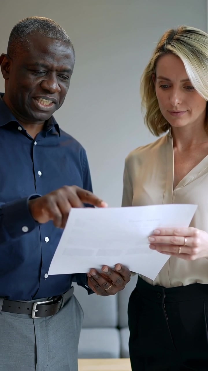 Vertical video: Pointing man initiating review with holding woman at office, showing white paper