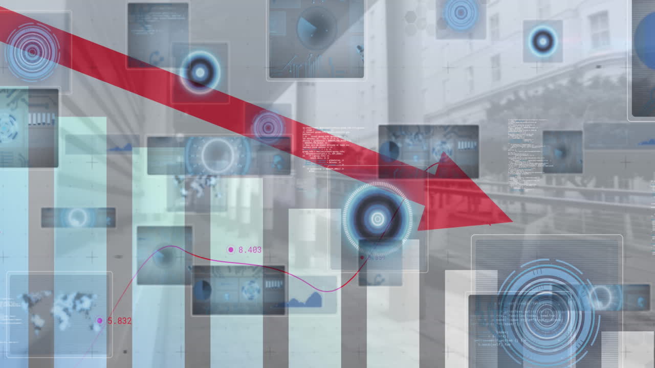 animación del procesamiento de datos financieros sobre el escaneo de alcance y el paisaje urbano