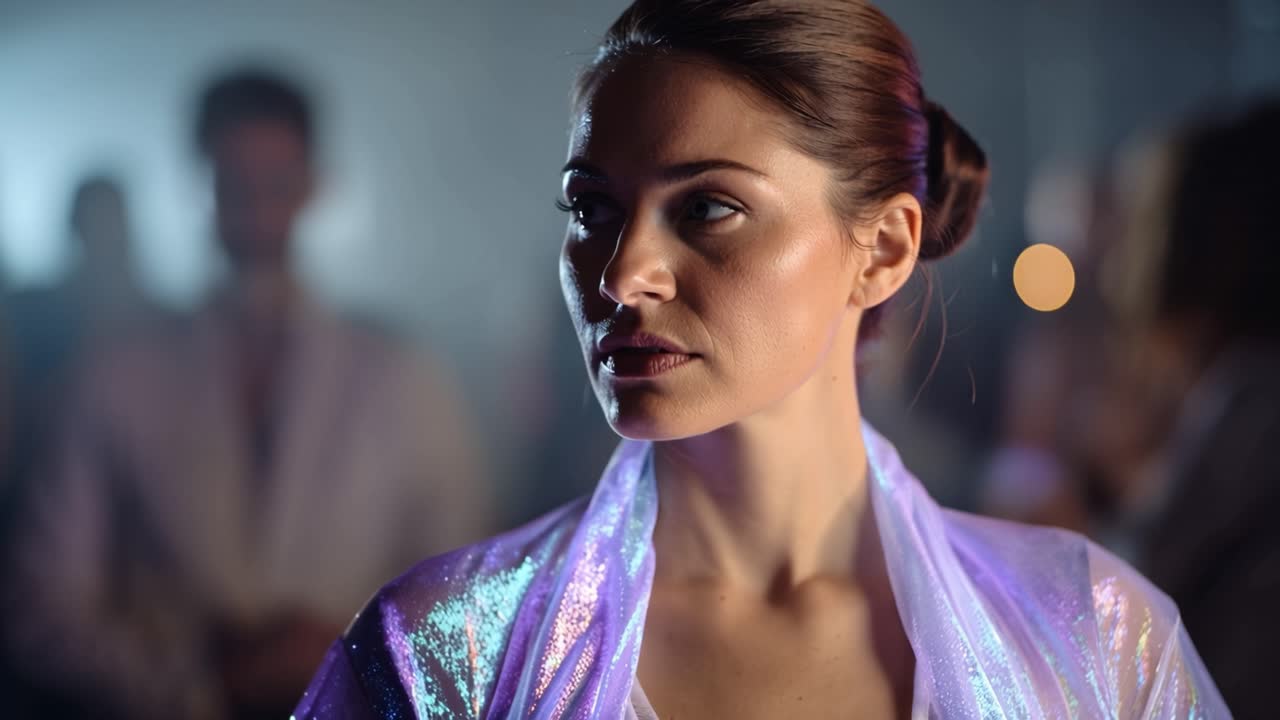 Soft light glows on her serene face. She gazes forward, calm and composed. Glowing fabric drapes her shoulders gently. Background figures blur into indistinct shapes. Perfect for fashion, event