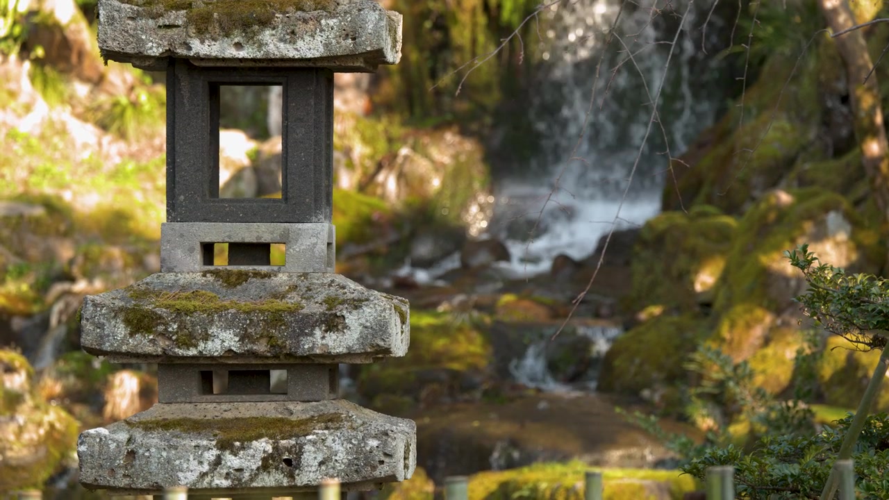 Una lanterna di pietra si erge davanti a una cascata che scorre in un lussureggiante e muschioso giardino giapponese