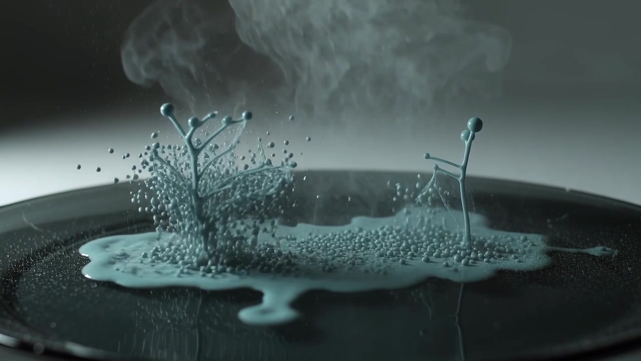 Dripping spoon sending thick teal liquid spreading on black platform by vibration