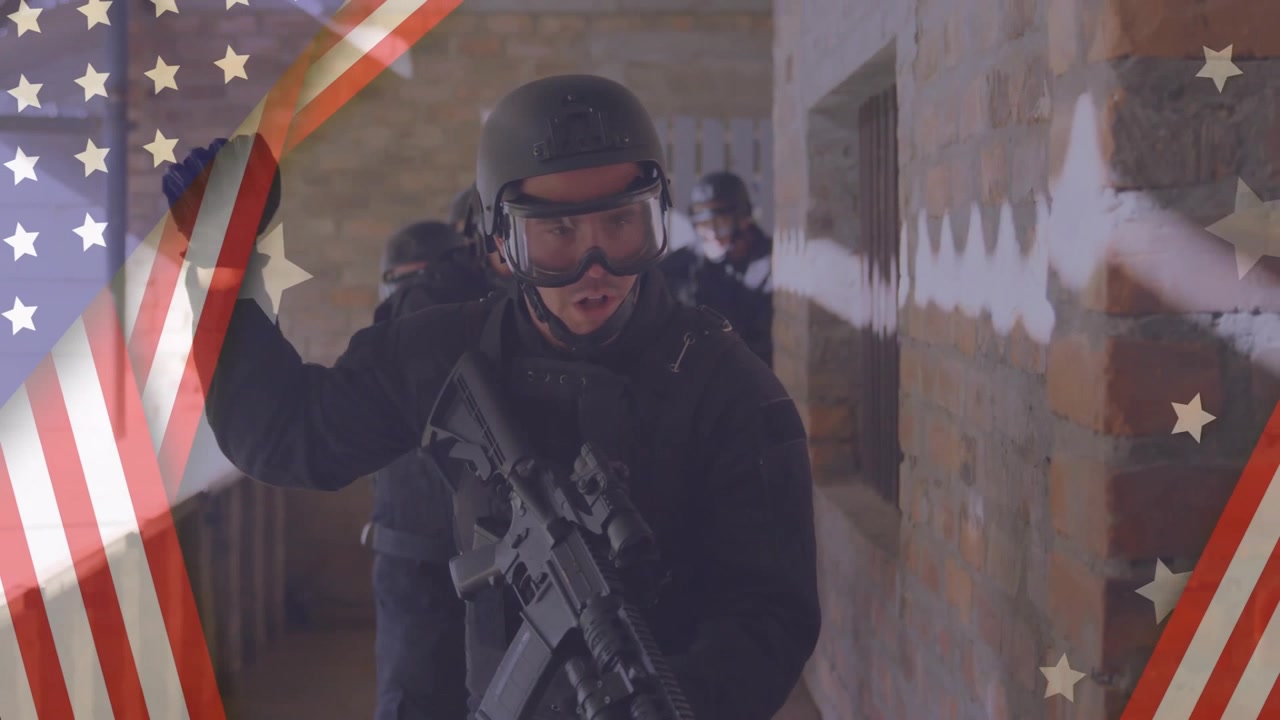 Security team moving through brick corridor, showing animated transparent American flag overlay