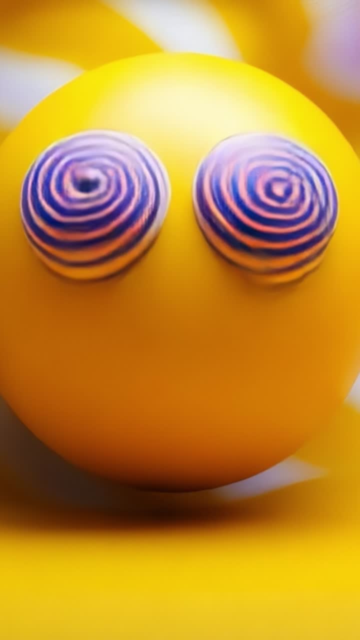 A Vibrant Yellow Sphere Featuring Spiraled Colors Creating Playful Eyes, Against a Soft Colorful Background, Exuding Joy and Whimsy in a Contemporary Art Style