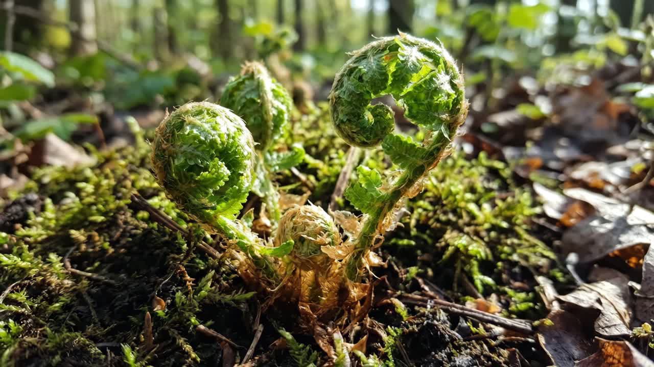 Jovens báculos verdes de samambaia se desenrolando em uma floresta ensolarada