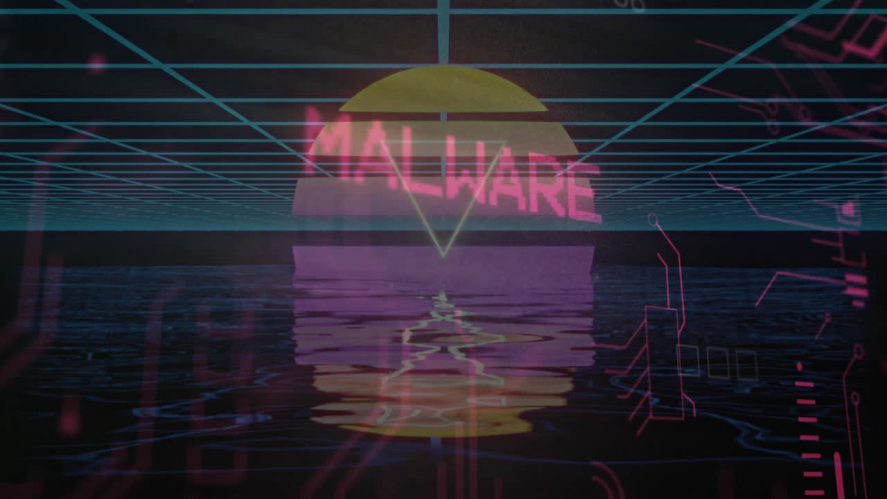 Glitches fejer over et gitter, gnistrende bogstaver blinker og omdannes til malware, der roterer til en trusselsdemonstration.