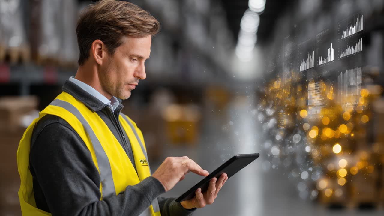 A Warehouse Manager Analyzing Data on a Tablet in an Industrial Setting, Using Augmented Reality to Enhance Inventory Management and Performance Metrics