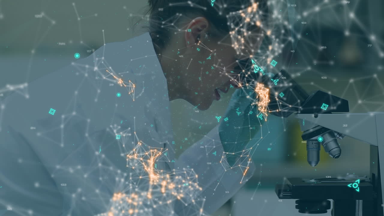 Animation of data processing over caucasian female scientist using microscope