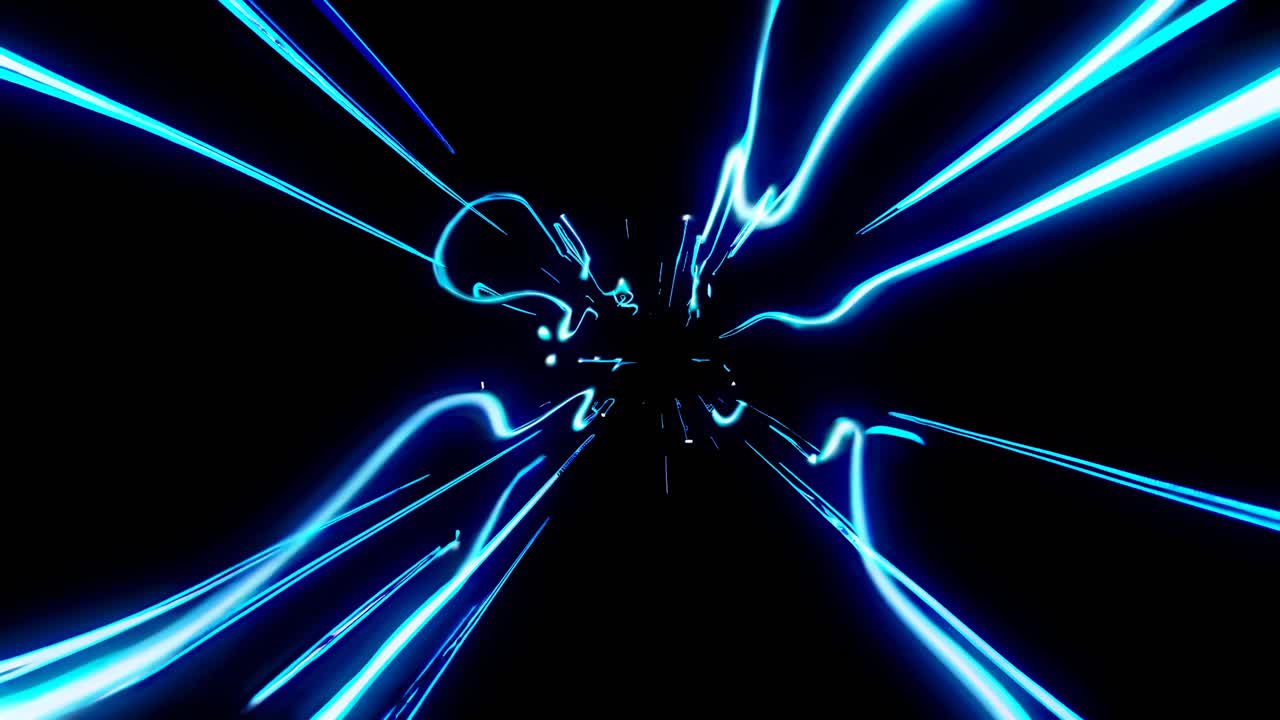 Dynamic video concept with neon pink and blue light trails converging in a tunnel effect