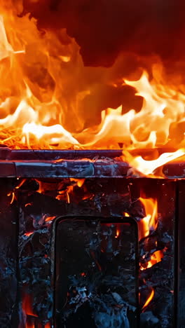 a trash can is on fire, with flames shooting out of it. the scene is chaotic and dangerous, with the fire spreading quickly and potentially causing harm to anyone nearby