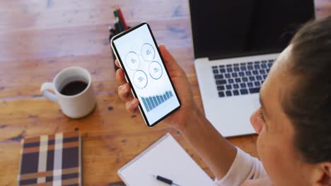 mujer de raza mixta sentada en un escritorio usando un teléfono inteligente con estadísticas en la pantalla