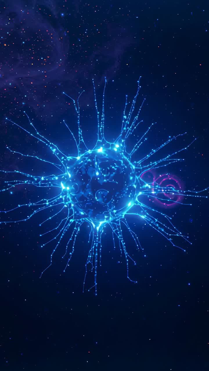 Vertical video: Pulsing spiky orb sending sparks along tendrils in space, nebula left, magenta ring