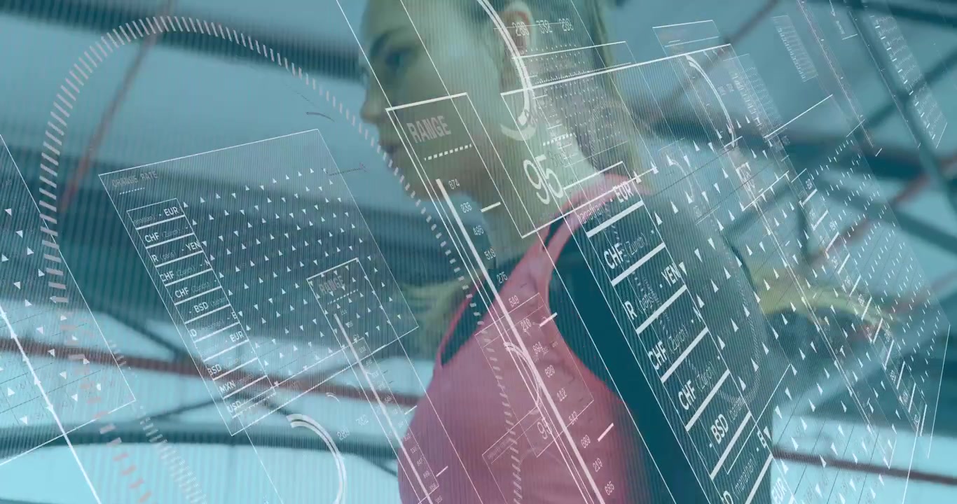 Woman pedaling bike and generating HUD graph overlays as cycling workout intensifying