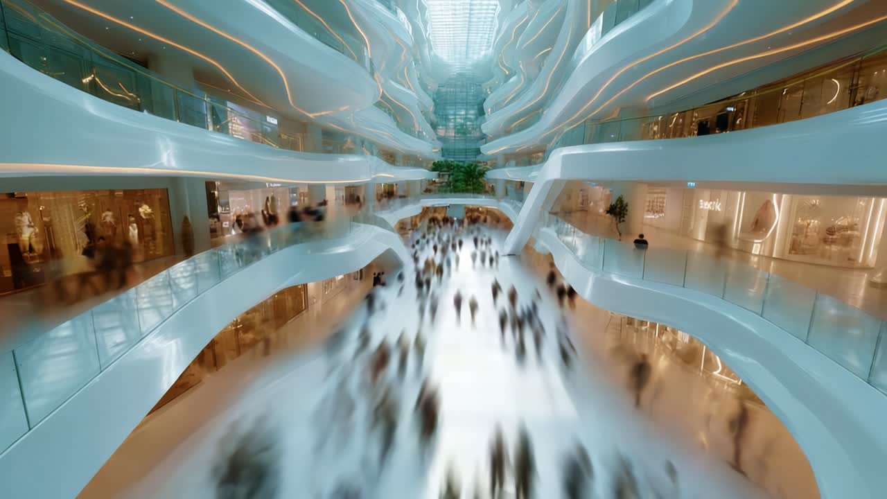 A Breathtaking Perspective of a Modern Shopping Mall Featuring Dynamic Movement of Shoppers Amidst an Innovative Architectural Design with Curved Lines and Bright Open Spaces