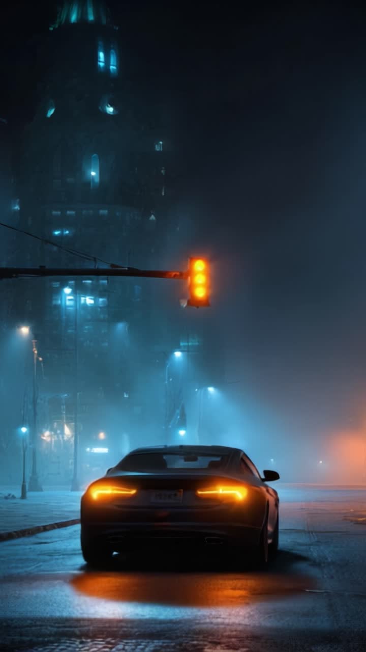 Un'auto elegante illuminata da un semaforo luminoso attraversa di notte un paesaggio urbano vuoto e nebbioso, mettendo in risalto l'atmosfera di una città deserta.