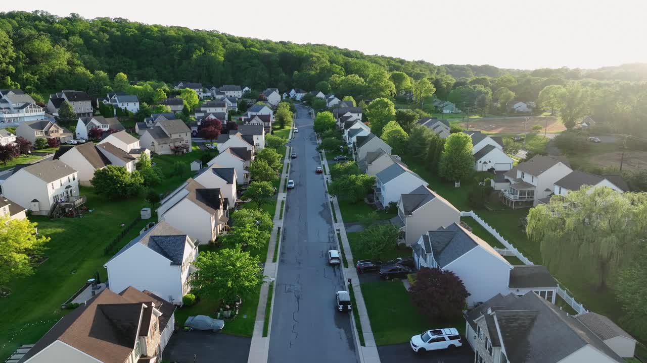Aerial view of an American neighborhood. Charming houses with sloped roofs line a tree-filled street, surrounded by lush greenery. The idyllic setting reflects a peaceful suburban lifestyle in USA.