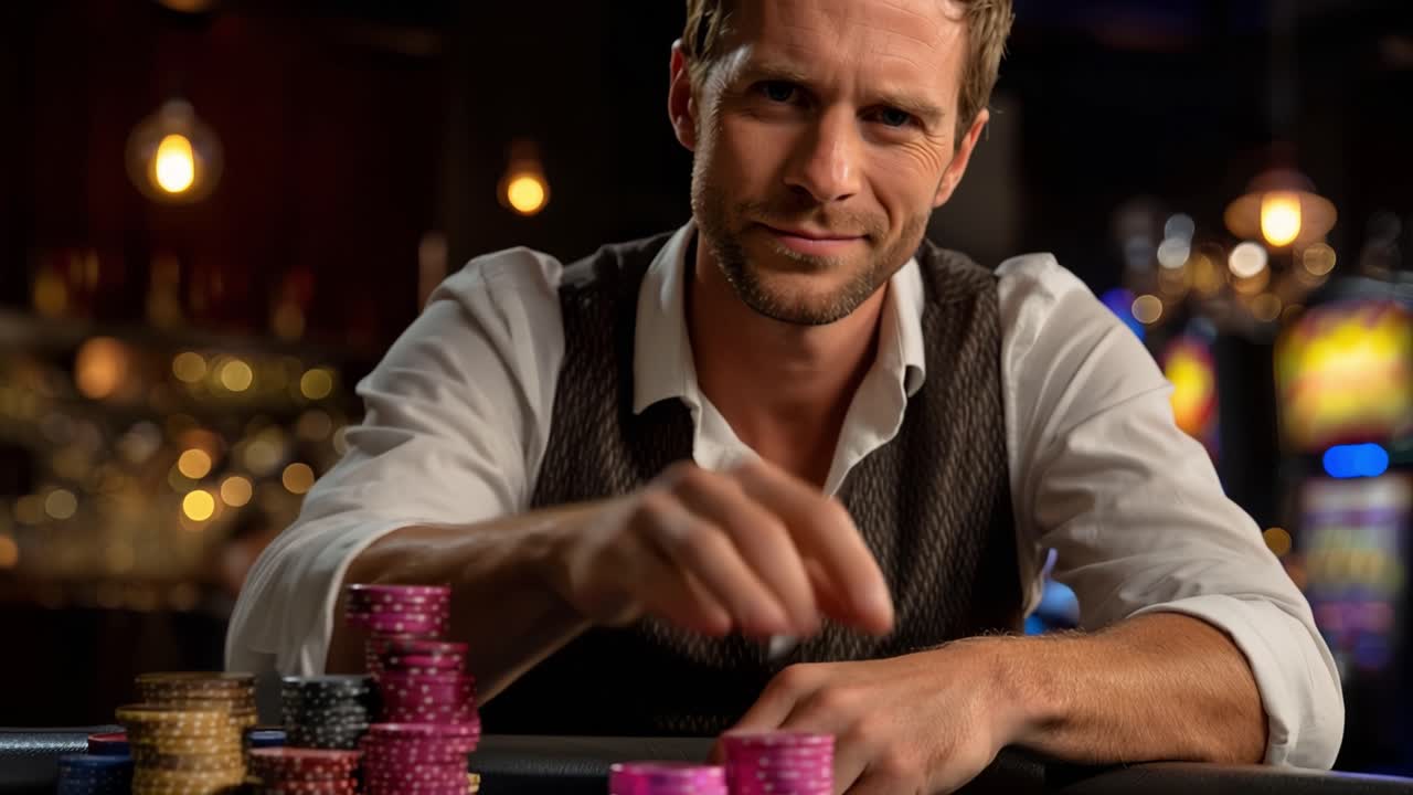 En fokusert spiller teller strategisk sjetonger ved et pokerbord i en livlig kasinoatmosfære, noe som viser spillets intensitet og spillerens konsentrasjon.