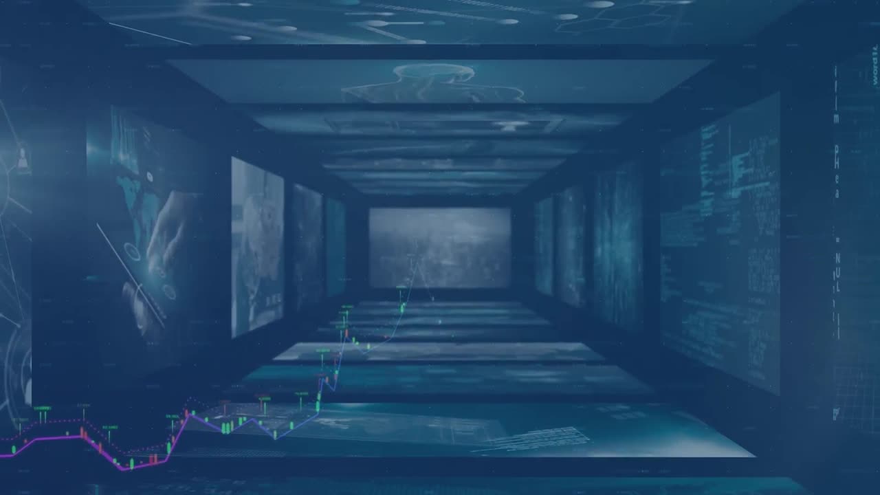 animación del procesamiento de datos financieros en pantallas