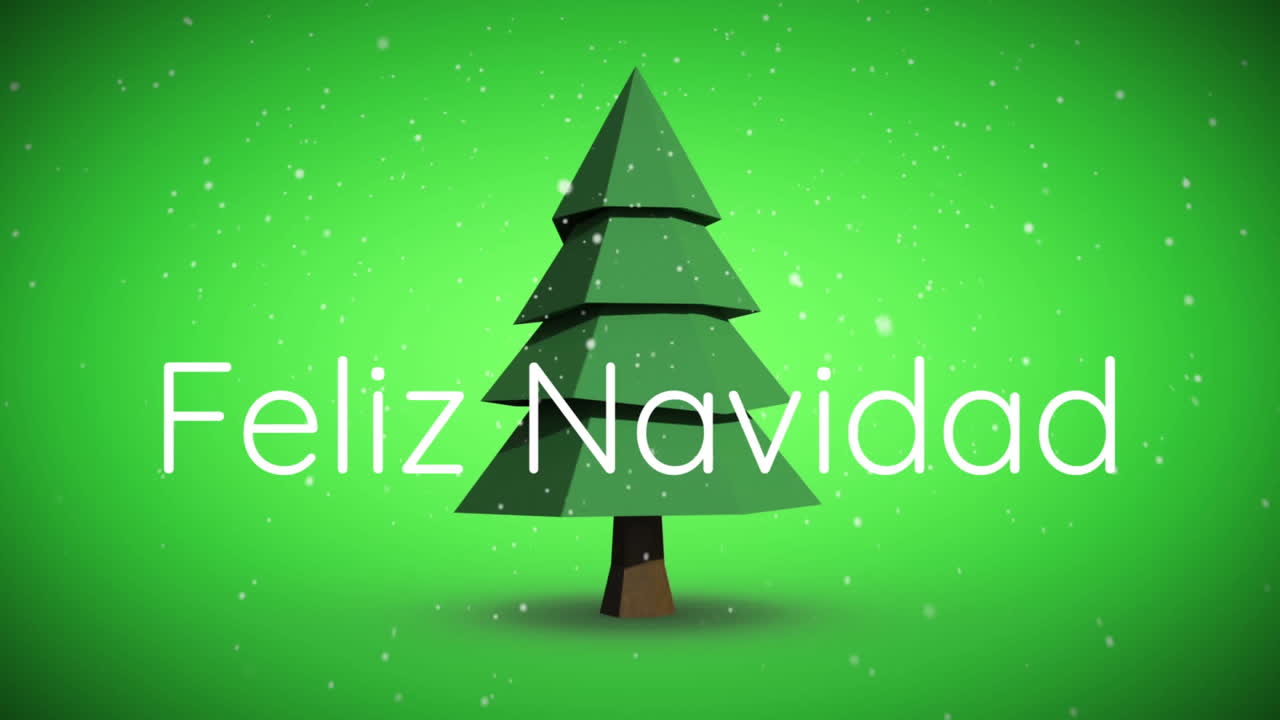 animación de feliz navidad texto sobre árbol de navidad y nieve cayendo sobre fondo verde