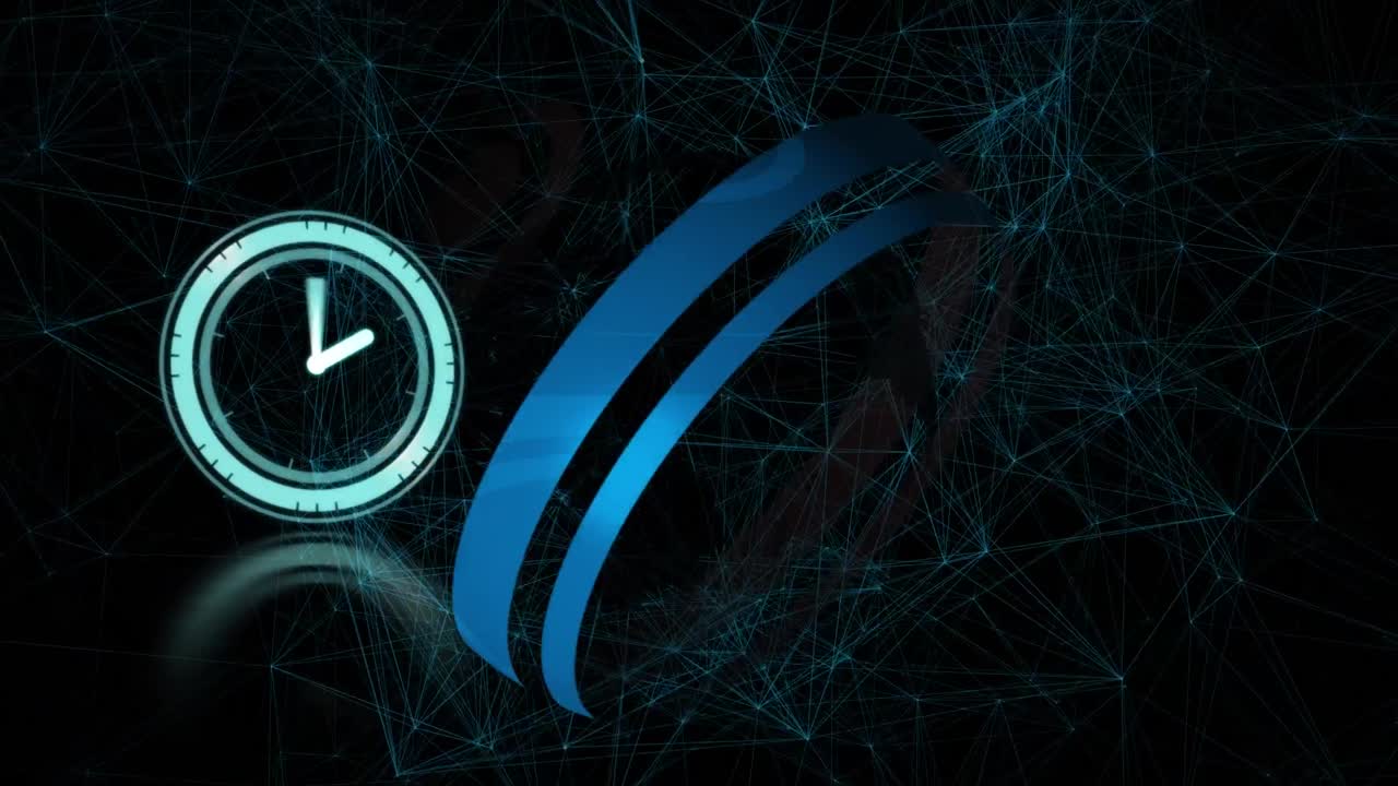 Animation of moving clock and globe over network of connections on black background