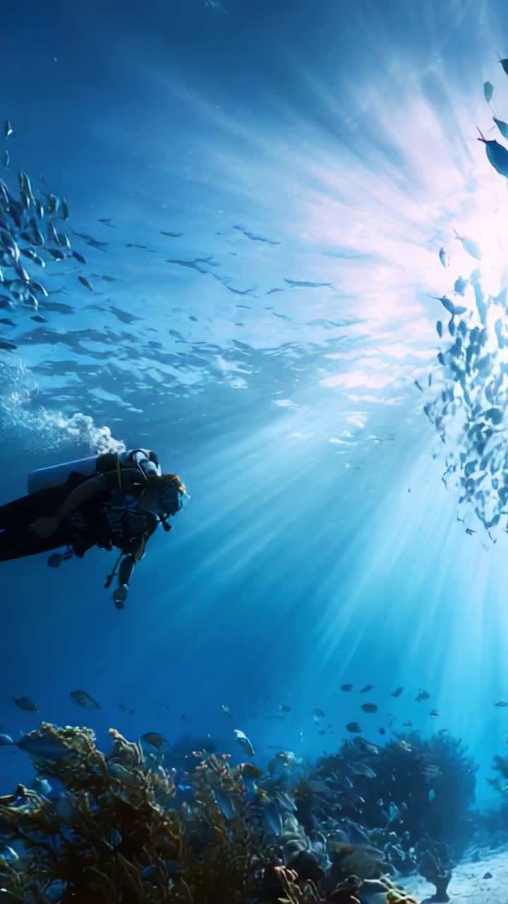 Diverse Underwater Exploration: A Diver Navigates Through Sunlit Waters Surrounded by Schools of Fish and Vibrant Marine Life in an Aquatic Paradise