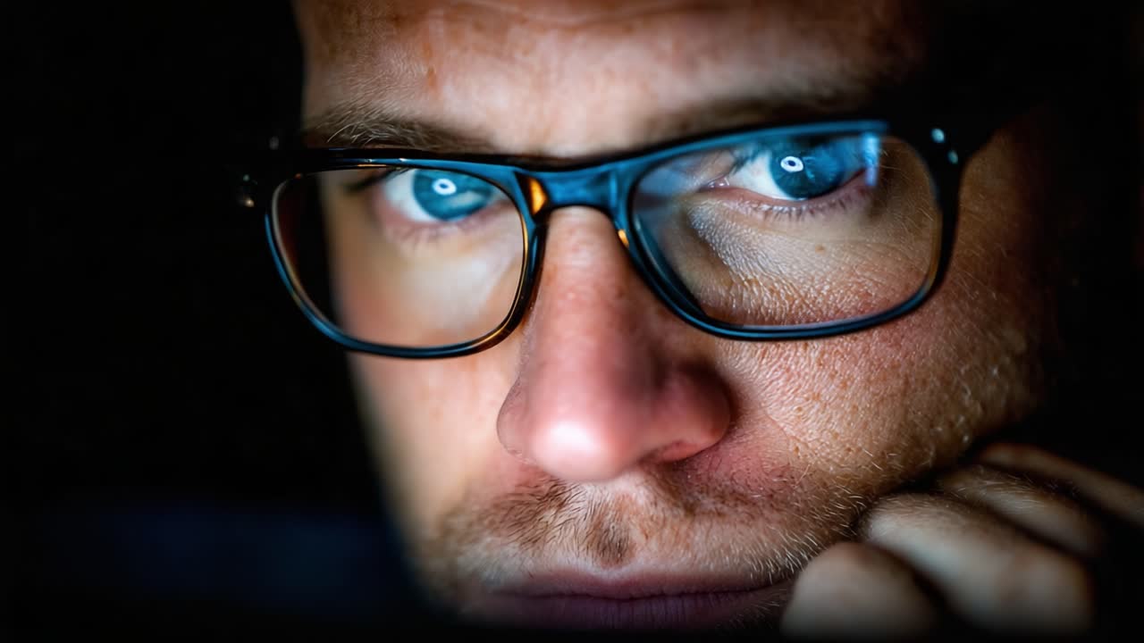 Close-up of a focused individual with glasses, deeply engaged in thought while looking at a screen, showcasing intense concentration and intrigue in a dimly lit environment