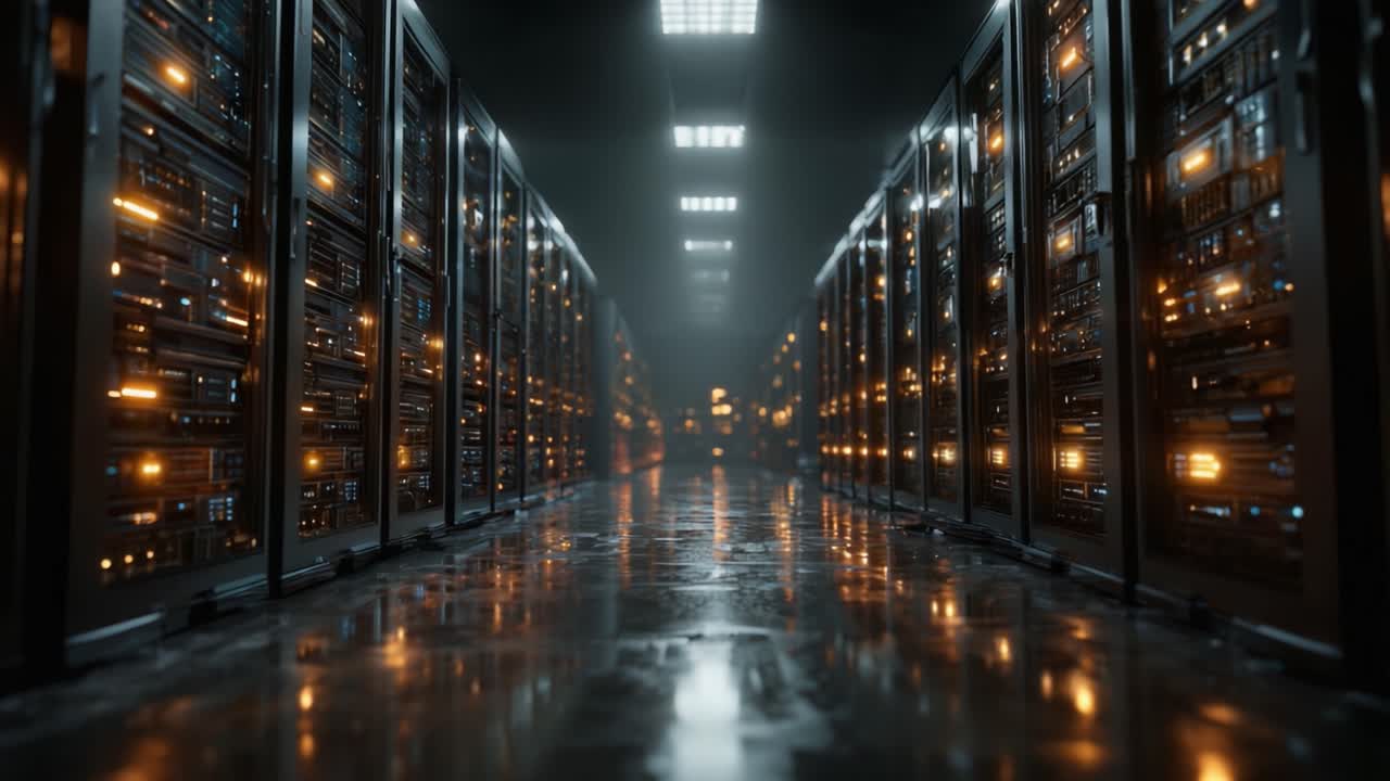 A Dimly Lit High-Tech Data Center Corridor Showcasing a Row of Computer Servers Illuminated by Ambient Lighting and Reflections on the Ground
