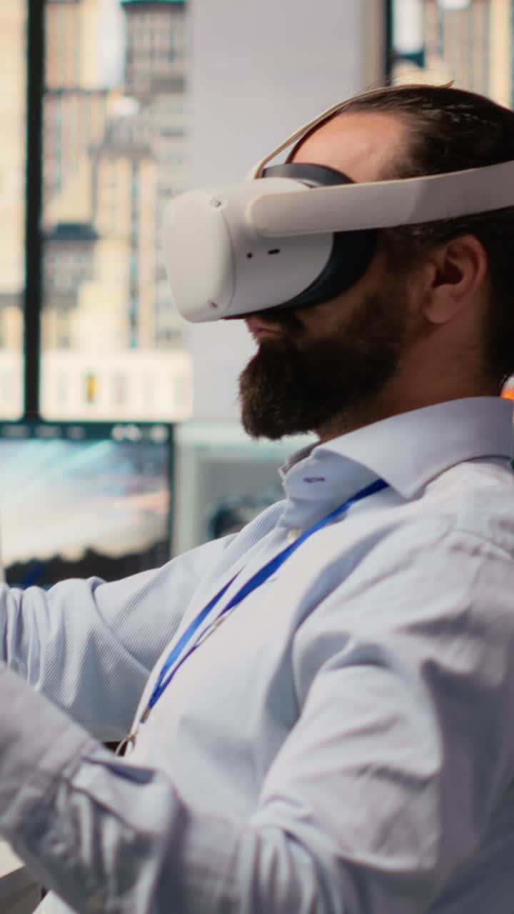 RD department researcher using VR headset to study solar clean energy systems