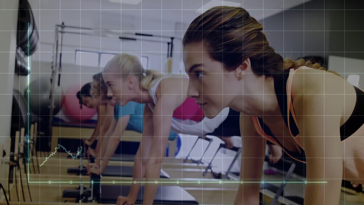 Pilates-tunti, jossa suoritetaan jalkojen toistoja laskemalla laitetta, liu’uttamalla jalat lankkuun ja datagraafien noustessa.