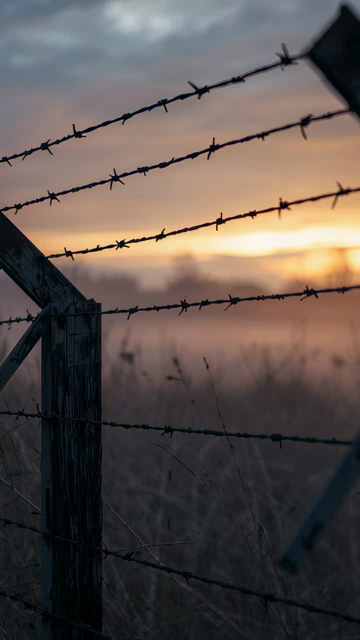 Vertical video: Sunset deepening, camera filming post and barbed wire in field, showing silhouette