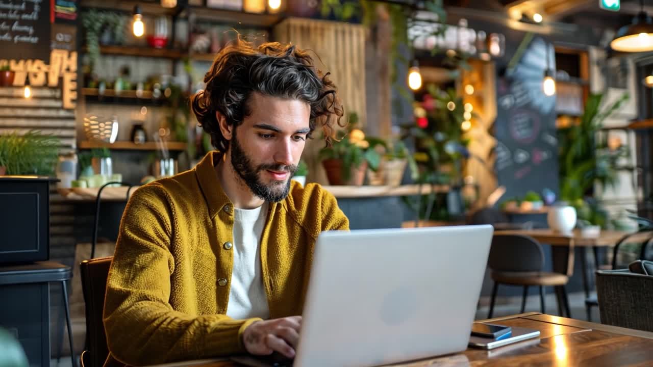 Giovane che lavora al portatile in un caffè