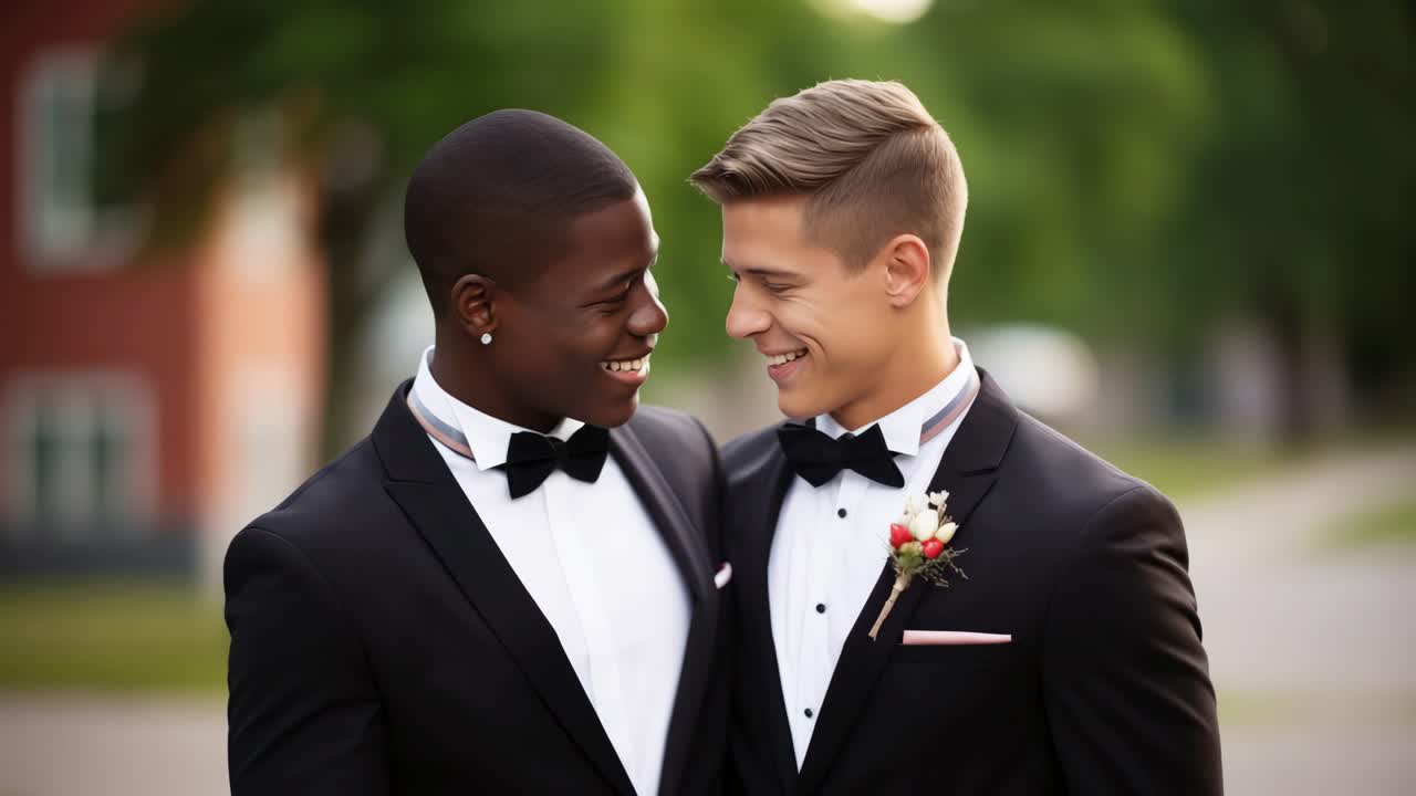Two elegant grooms wearing black suits and bow ties are smiling and looking at each other with love during their wedding ceremony, celebrating their union with joy and happiness