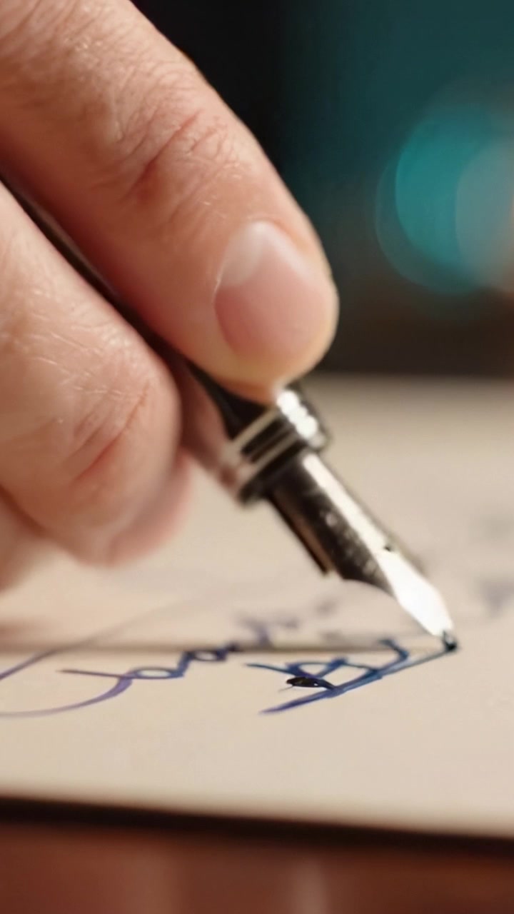 Un primo piano di una penna stilografica che scrive abilmente un'elegante calligrafia con inchiostro blu su carta, catturando l'arte dell'espressione scritta a mano e della bella calligrafia