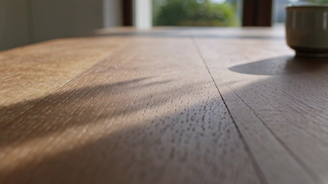 Shifting sunlight sliding across wooden tabletop at kitchen window, casting shadow from ceramic cup