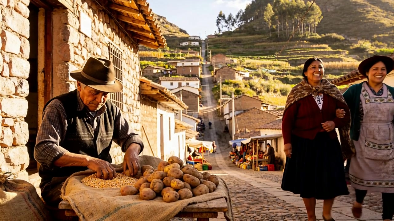 Venditore con cappello che sgrana il mais e sistema le patate in un mercato andino, mentre le donne passano, con spazio per il testo.