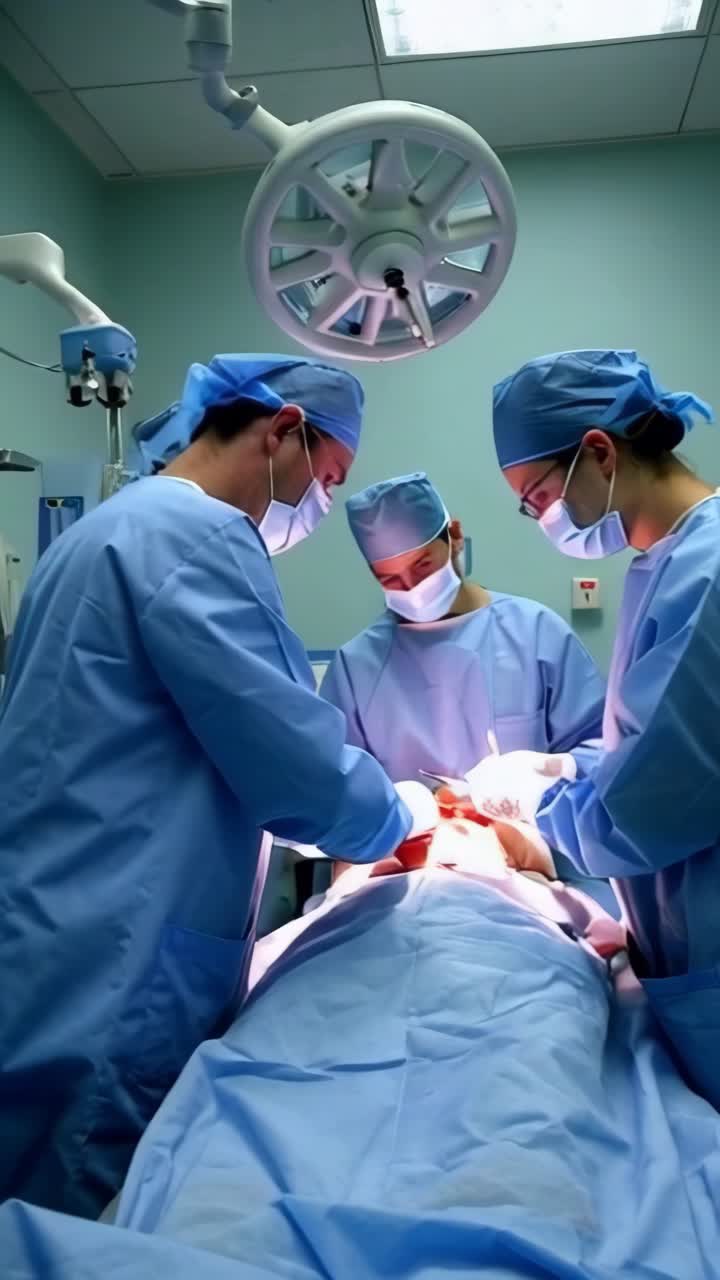A group of surgeons are performing a surgery. Scene is serious and focused.