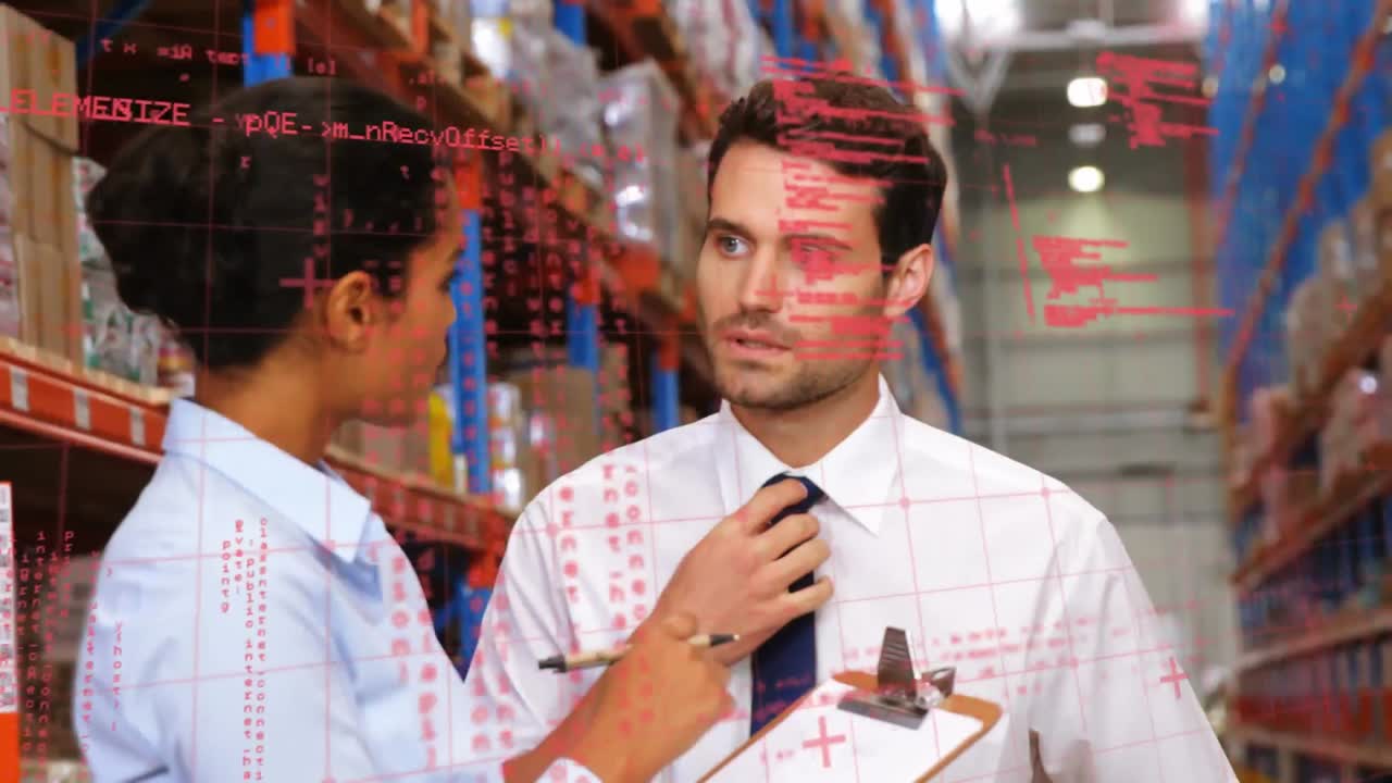 Animation of data processing over diverse people working in warehouse