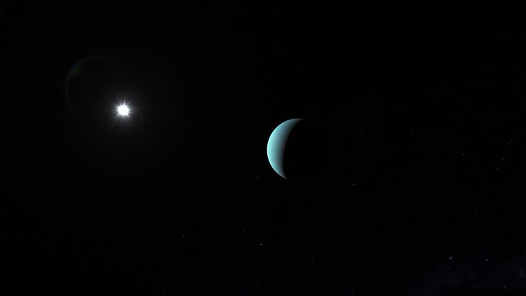 Planet Uranus with Camera Fast Approaching with Far Away Sun Flare with Realistic Lens Artefacts - 3D Space Animation 4K