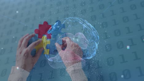 animation of digital brain and data processing over hands holding puzzle pieces on blue background