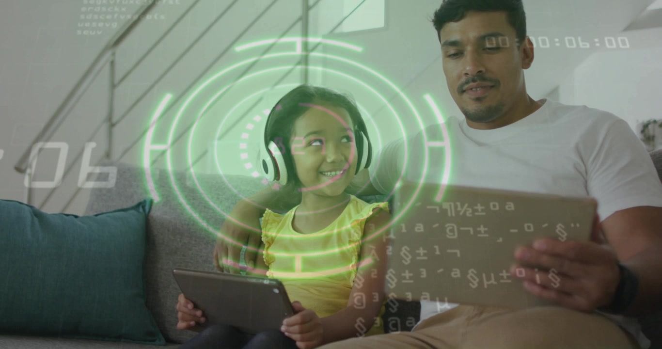 Girl tapping tablet on sofa, initiating green education rings and timer, father glancing, smiling