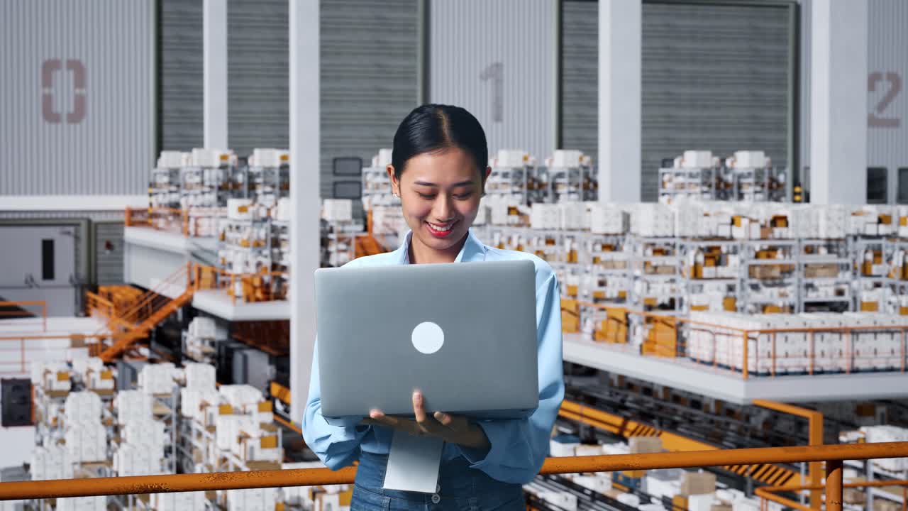 una mujer de negocios asiática usando una computadora portátil en el almacén