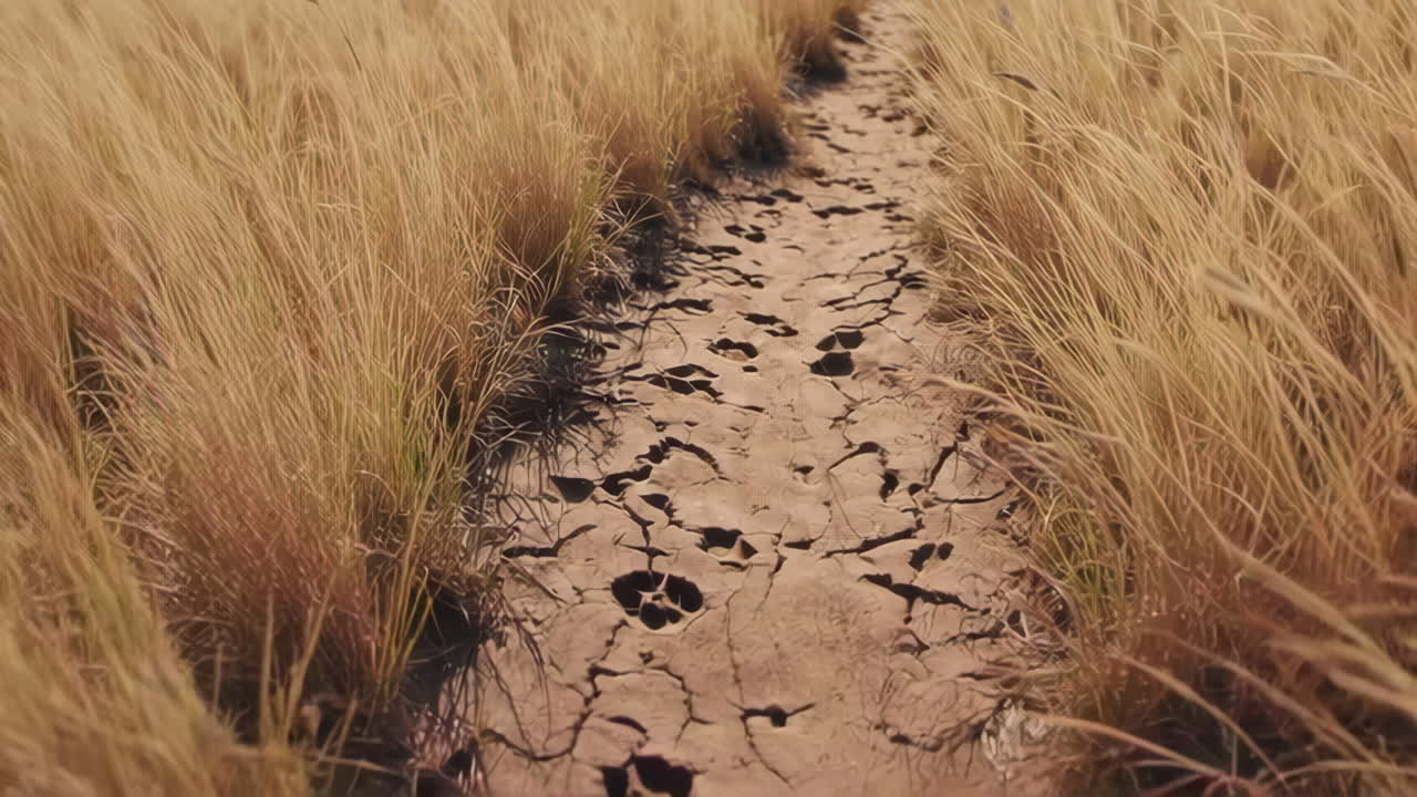 Tracce di animali su un sentiero asciutto in un campo d'erba