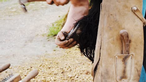 a farrier nailing a freshly made shoe onto a horses foot