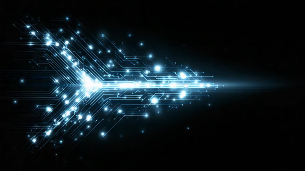 Dynamic Bright Arrow Interface with Light Trails and Electric Circuit Patterns Emphasizing Modern Technology and Innovation in a Dark Background