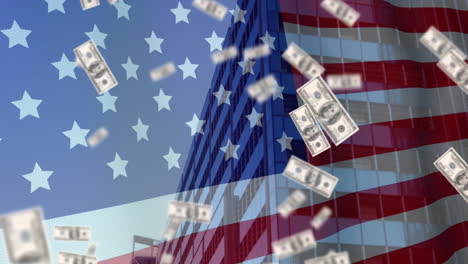 falling dollar bills animation over american flag and skyscraper background